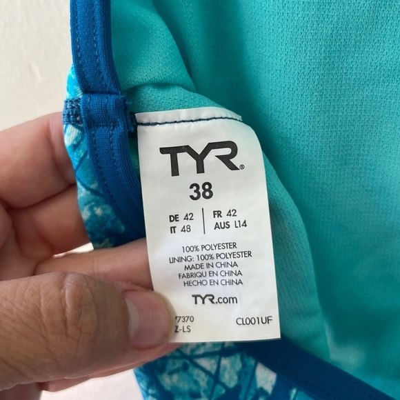 TYR Sz L Bayou Cutout Fit One Piece Swimsuit Turquoise High Cut Leg UPF 50 - Picture 8 of 9